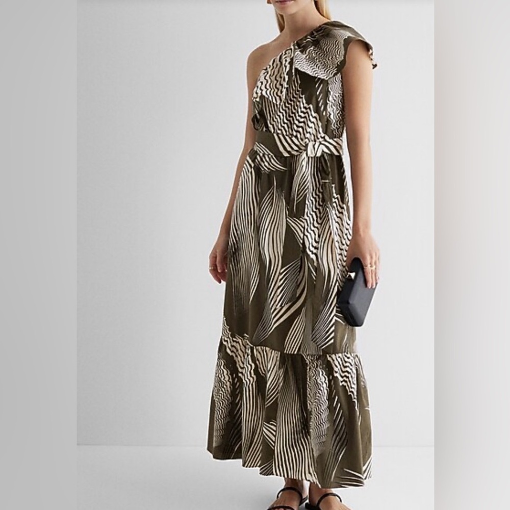 Express Printed One Shoulder Ruffle Tie Waist Poplin Maxi Dress - Picture 1 of 9